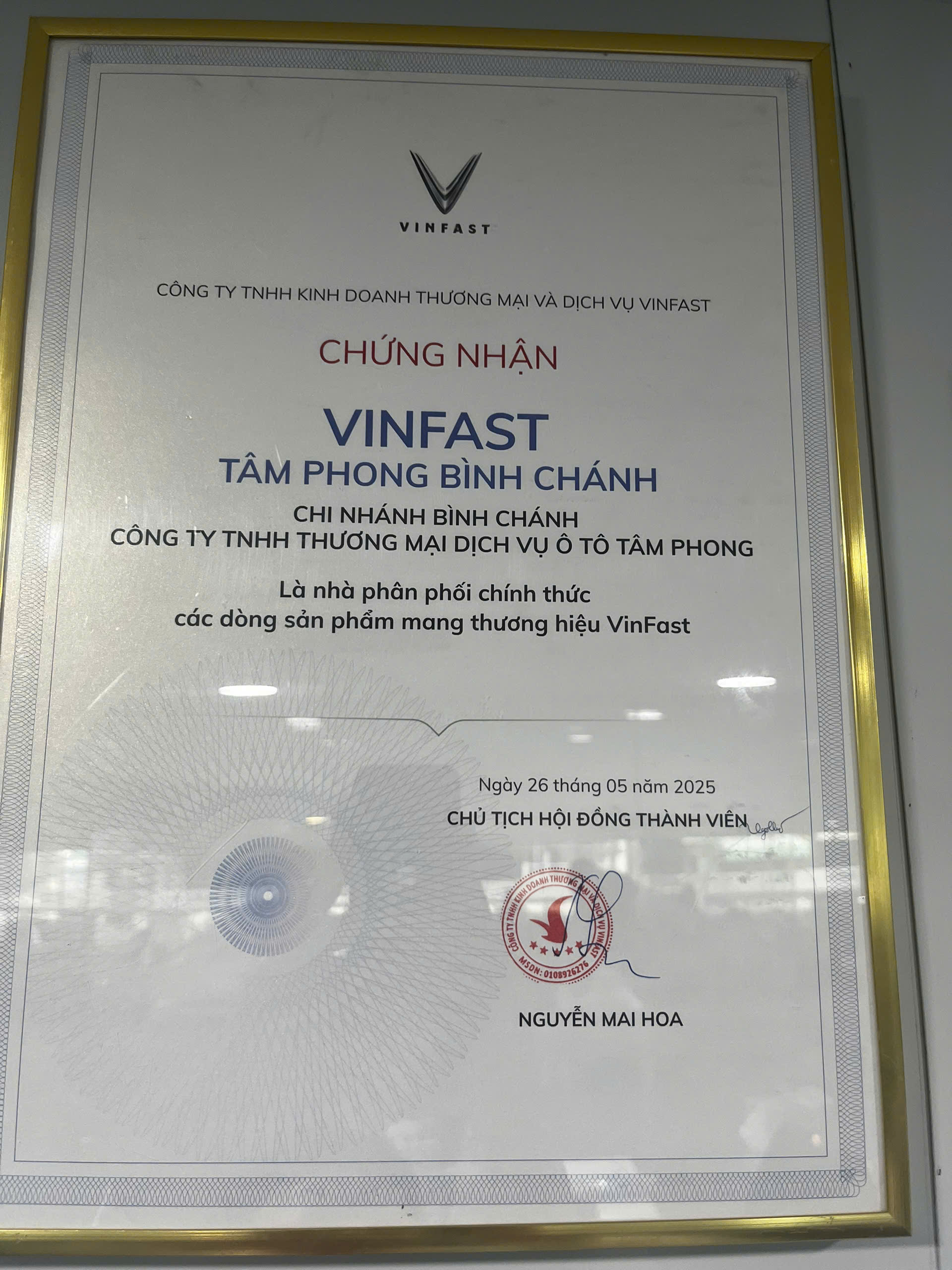 Chứng nhận Nhà phân phối chính thức VinFast — Ô tô Tâm Phong Bình Chánh (cấp 26/05/2025)